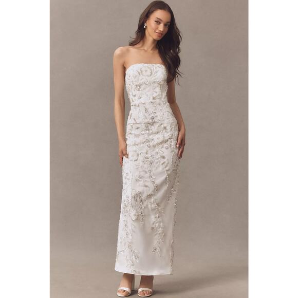 Milly Magnolia Embellished White/Silver Strapless Beaded Sequin Maxi Dress Sz 8 - Picture 1 of 16